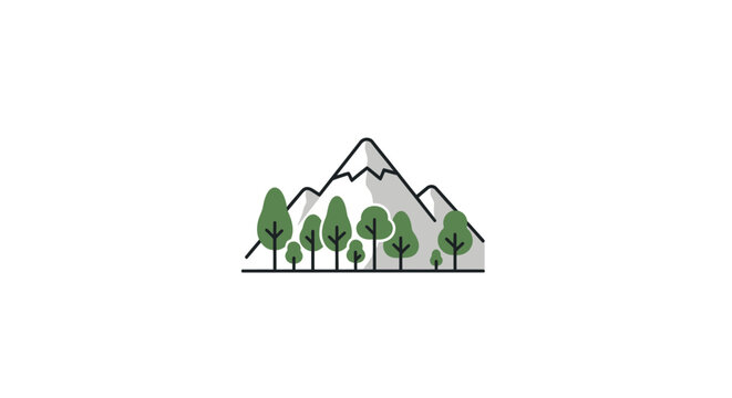 Minimalist mountain landscape illustration with trees and a clean, modern aesthetic design