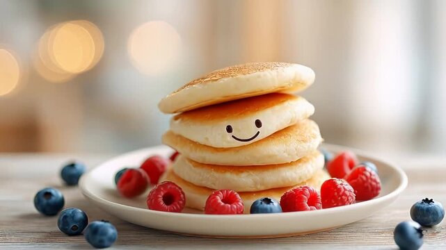 Animated face on fluffy pancakes with fresh berries and a playful expression