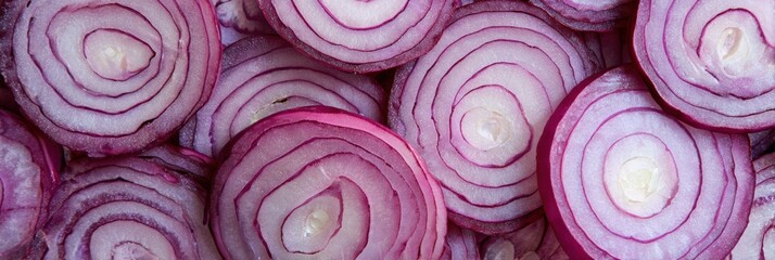 Fototapeta premium Onion slices pattern red concentric rings of sliced red onion forming a textured organic food background