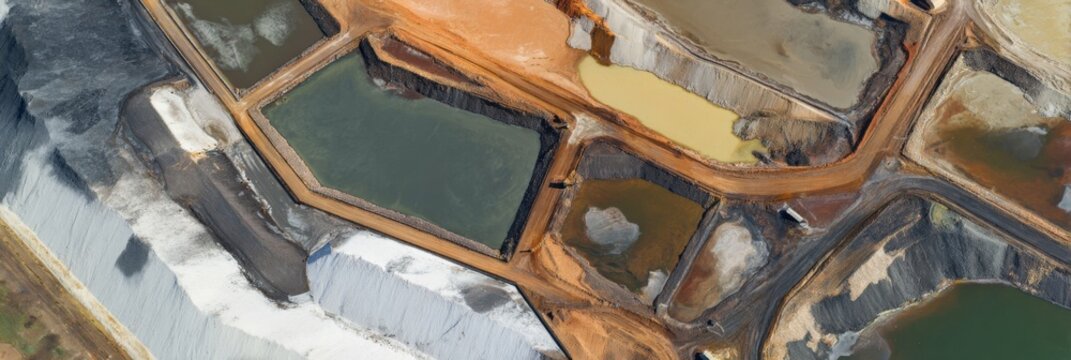 Aerial mining evaporation ponds with turquoise and green brine pools and white salt piles in geometric industrial landscape from above