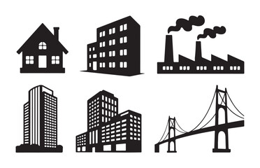 Obraz premium Collection of city architecture silhouettes featuring house apartment building factory plant and steel bridge