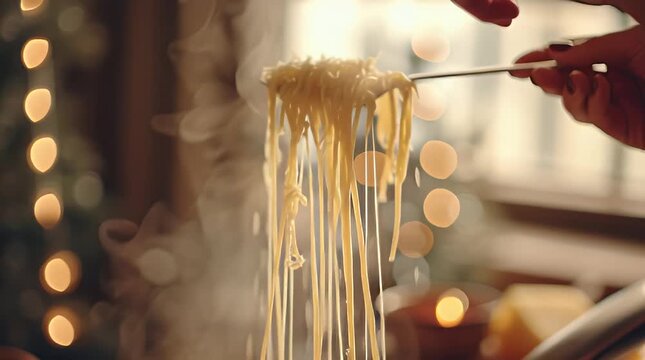 Hot pasta with gooey melted stretchy cheese and steam close up