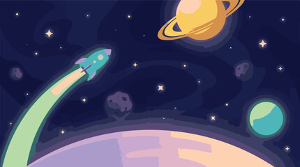 Vibrant cartoon space scene with rocket flying past planets and stars © Tahphoto