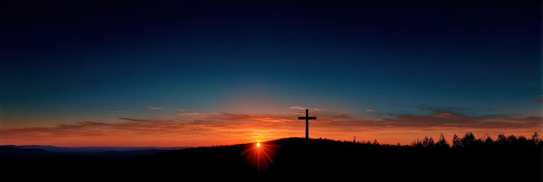 Sunset cross silhouette horizon prayer over rolling hill with dramatic orange sky and sunburst on the ridge at dusk, peaceful spiritual landscape scene