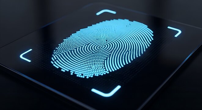 Glowing blue fingerprint on a futuristic black screen with navigation symbols