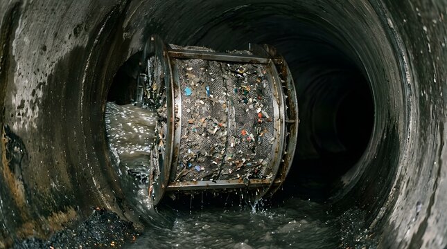 Wastewater treatment screening device captures microplastics and debris inside a large concrete drainage tunnel infrastructure.