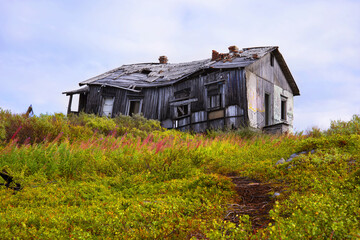 Obraz premium Abandoned house on grassy coastal field under cloudy sky, rural decay, solitude and isolation concept.
