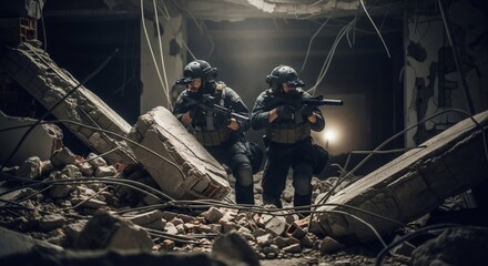 Naklejka premium Two soldiers with rifles patrolling inside destroyed building. Military unit operation in ruined city. Tactical combat mission and defense concept. Dangerous war zone environment, army patrol.