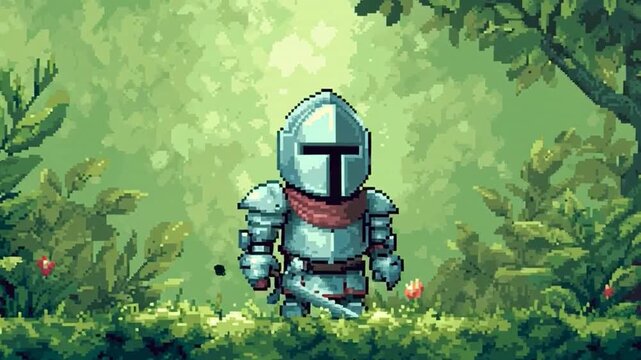 Charming pixel art video game element featuring a brave knight character standing in an enchanted forest, ready for an epic adventure quest through a mystical realm