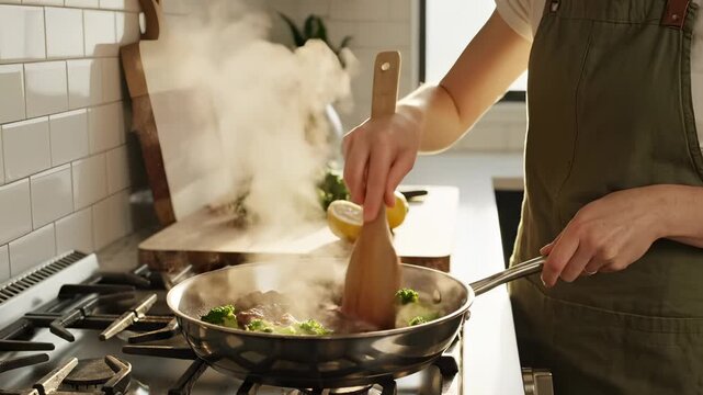 Woman cooks meat and broccoli in frying pan on gas stove. Person stirring hot food with wooden spatula. Steam rises from pan in sunny kitchen. Cook prepares healthy meal. Home cooking lifestyle.