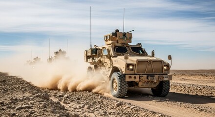 Fototapeta premium Armored transport vehicle driving through desert during military operation. Convoy of tactical trucks moving on dusty road. Modern warfare, defense, protection, military conflict concept.