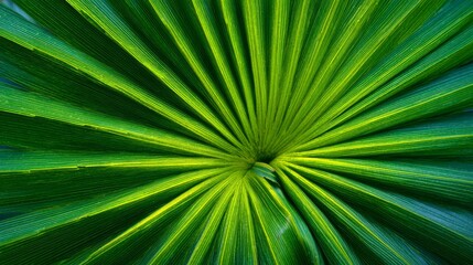 Obraz premium Close-up of a fan-shaped, vibrant green plant leaf with radiating veins and a central, dark hole