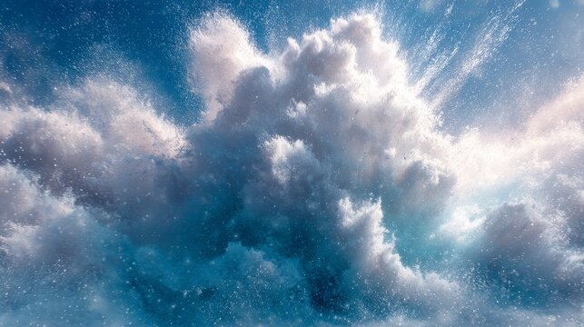 A dramatic cloudscape features fluffy white clouds against a brilliant blue sky, possibly with rain or snow