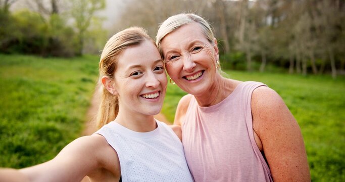 Mother, daughter or portrait with selfie in nature for hiking adventure, profile picture update or social media post. Happy family, woman or girl with photography in forest for exercise outdoor