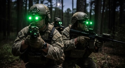 Naklejka premium Soldiers in night vision goggles navigating forest. Special forces man with rifle during tactical night operation. Military equipment and army combat unit on covert mission at night.