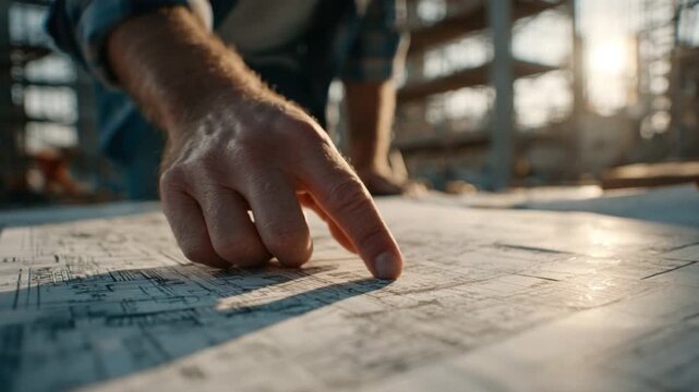 Detailed Blueprint: A focused construction worker's hand carefully traces lines on a detailed blueprint, highlighting precision and expertise. The sun casts a warm glow.