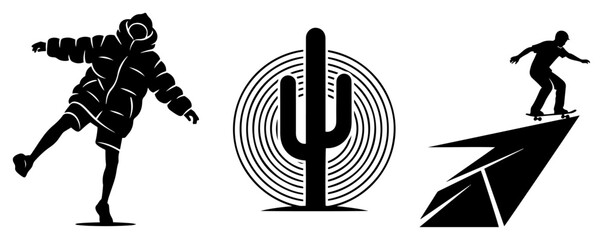 Street style icons set with puffer jacket character cactus and skateboarder on paper plane © Kumamoto