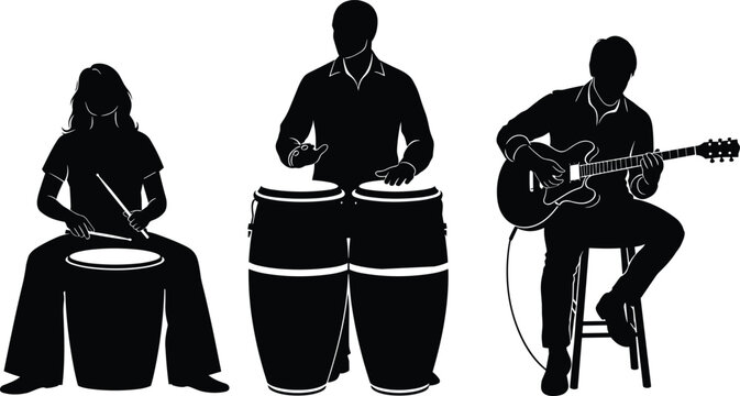 Black Silhouette Illustration of a Musical Trio Featuring a Female Drummer, Male Percussionist Playing Conga Drums, and a Guitarist Sitting on a Stool