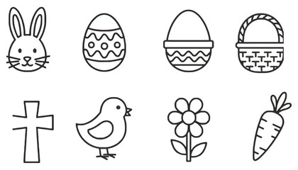 Obraz premium Easter icon set with bunny, eggs, basket, and spring symbols