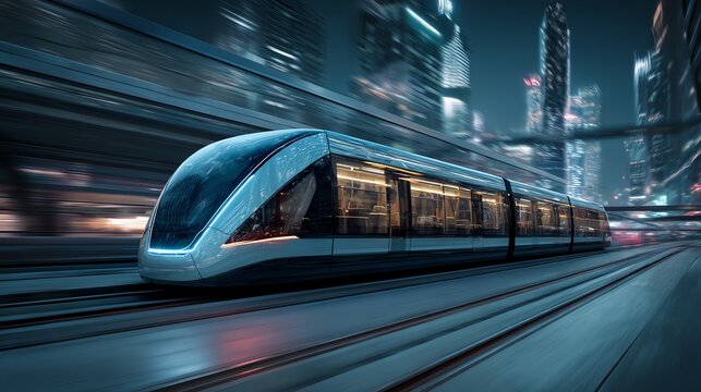 A futuristic train glides through a vibrant cityscape at night, illuminated by neon lights. The sleek design epitomizes modern transportation technology.
