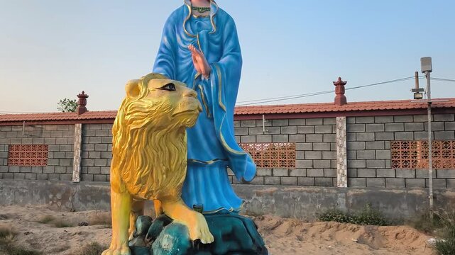 Cinematic 4K - Bodhisattva Guan Yin Standing with Majestic Stone Lion