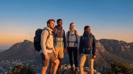 Fototapeta na wymiar Group of Diverse Hikers Looking at Mountain View at Sunset