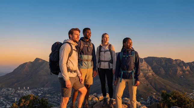 Group of Diverse Hikers Looking at Mountain View at Sunset