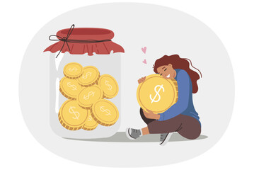 Woman saves and accumulates money to achieve financial security, sits near large jar of coins. Girl cares about financial security and stability, wanting to be confident in own future © aprint22com