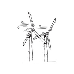 Fototapeta premium Two Wind Turbines with Wind Swirls Hand Drawn Sketch Vector