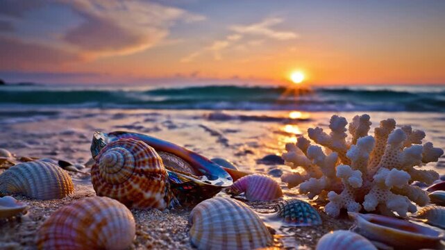 Beautiful beach scene with seashells and sunset over the ocean.