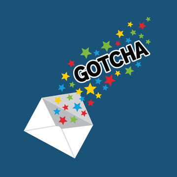 Open envelope with gotcha text and colorful stars flying out on blue background for prank and surprise concept vector illustration for april fools day