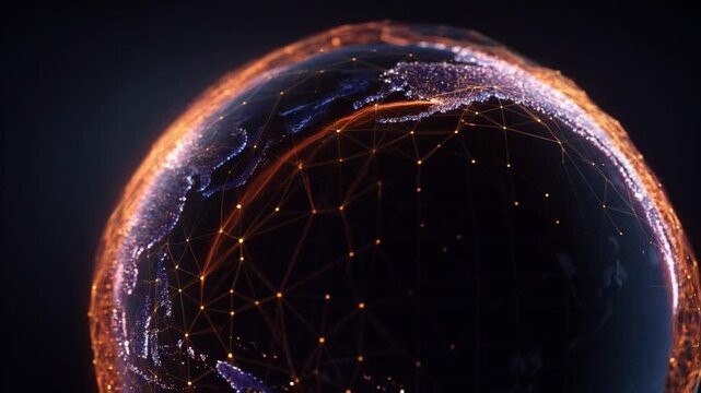 Global network digital globe earth technology data connection Asia communication glowing futuristic night city light digital map planet earth globe network connection grid digital future background