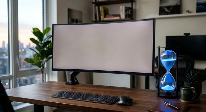 Blank curved monitor mockup on wooden desk with hourglass