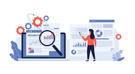 Obraz premium Business data analysis and analytics dashboard concept with a woman looking at various charts, graphs, and a magnifying glass.