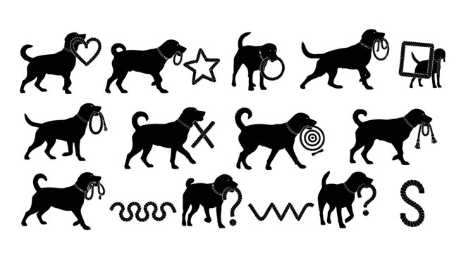 Black dog silhouettes in various poses and with different objects.