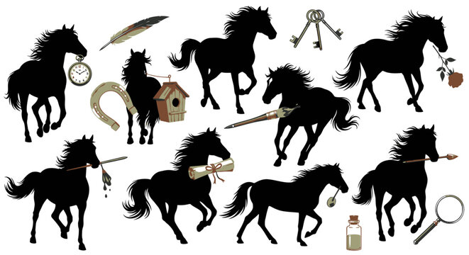 Collection of horse silhouettes and objects.