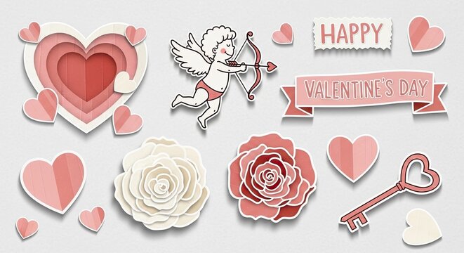 Valentines day elements cupid hearts roses banner and key designs