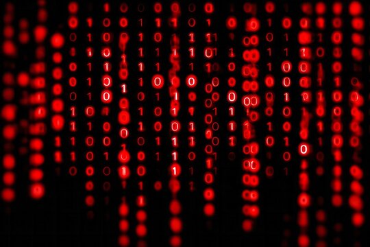 Fluorescent red binary code streams downward across a dark, digital background.