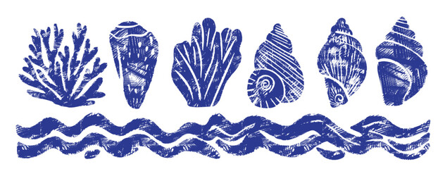 Blue seashell and coral collection: vector linocut set of marine shells, conch, snail and waves. Indigo woodcut illustration with scribble hatching texture, nautical maritime scene isolated on white © Maria Petrish