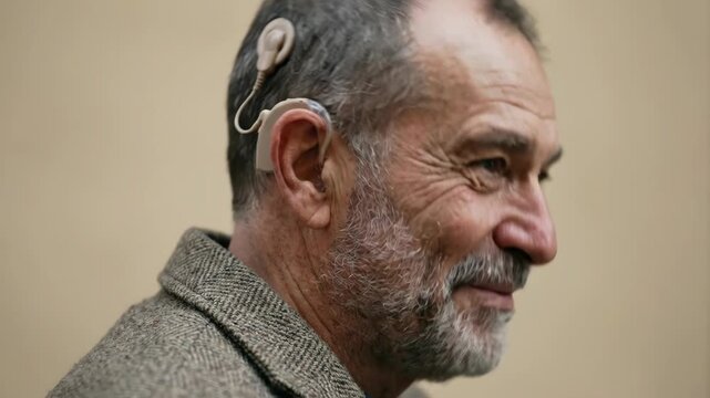 smiling elderly caucasian man with cochlear implant and hearing aid. profile view. concept of hearing loss and medical technology. healthcare