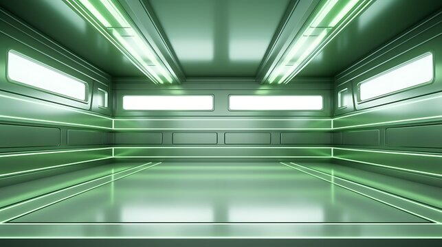 Futuristic green metallic garage interior with neon lights and reflective floor empty space for technology or innovation concept