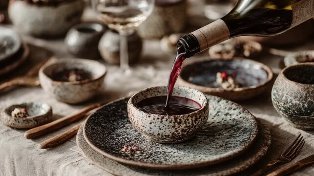 Wine Pouring in Ceramic Bowl: A captivating scene captures the art of wine pouring, as the rich, ruby liquid cascades gracefully into a rustic ceramic bowl.