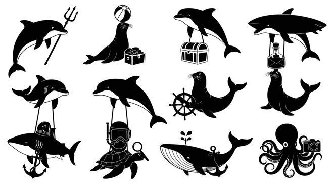 A collection of black silhouette illustrations featuring various sea animals like dolphins, seals, whales, sharks, turtles, and an octopus in playful, cartoonish poses.