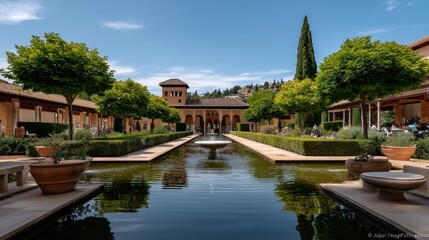 Fototapeta premium Courtyard features arches and vibrant colors, with a reflecting pool in front and a clear blue sky above