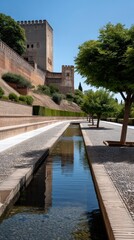 Fototapeta premium Courtyard features arches and vibrant colors, with a reflecting pool in front and a clear blue sky above