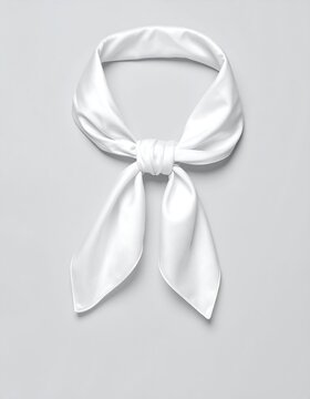 Elegant white silk scarf tied in a neat knot against a gray backdrop