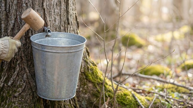 Gloved Hand with Wooden Mallet Tapping a Maple Tree Spile into a Metal Bucket