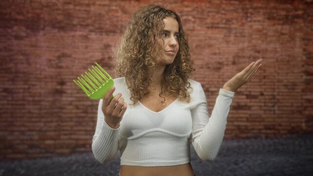 Woman with curly hair wearing white crop sweater holds green wide tooth comb and shrugs palm up against brick wall on street; frustration.