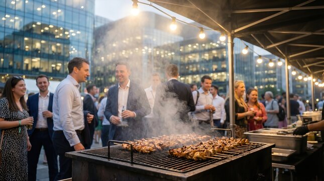 People Attending an Outdoor Corporate Event with Street Food Barbecue Grill
