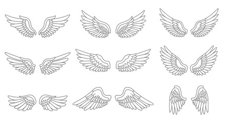Fototapeta premium stylized collection of elegant angel and bird wing outlines perfect graphic resources for symbolic logos or tattoo designs.